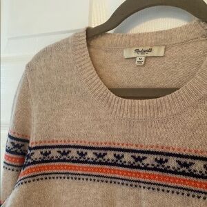 Madewell Tan and Blue Crew Neck Sweater with Geometric Pattern
